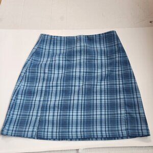 Brandy Melville Blue Plaid Mini Skirt One Size XS Zip Back Front Slits